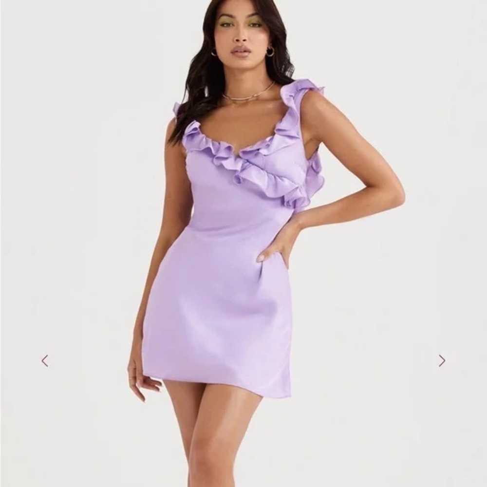 HOUSE OF CB Orchid Satin Ruffle Mini Dress size M
